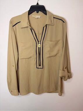 Michael Kors Beige Button-Front Blouse with Black Trim